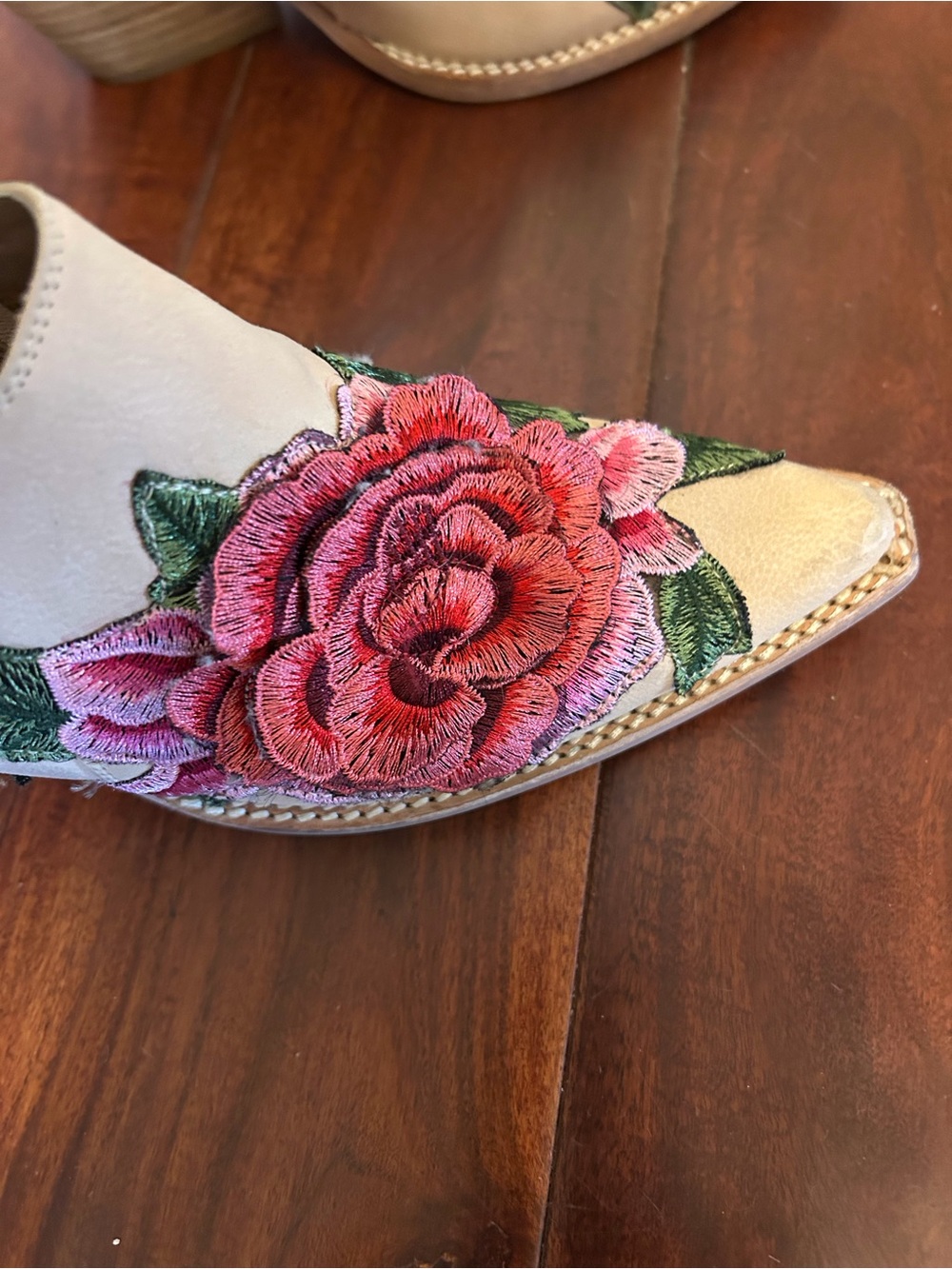Jeffrey Campbell Cream Heeled Boot with Pink Rose Embroidery